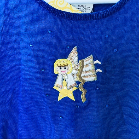 The Quacker Factory NEW Beaded Angel Ramie Blend Blue Knit Sweater Top Small - Picture 3 of 6